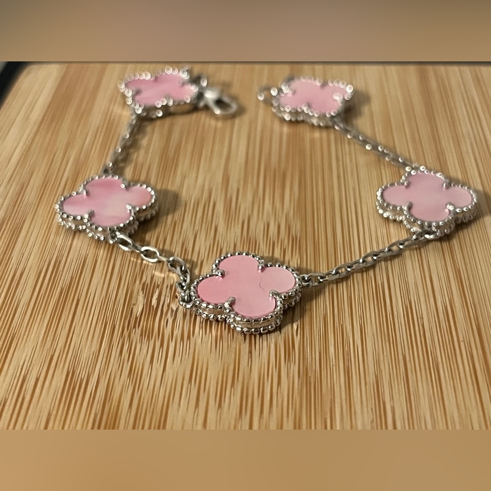 925 silver  Clover pink Charm Bracelet 7.5 in NEW - Picture 7 of 11